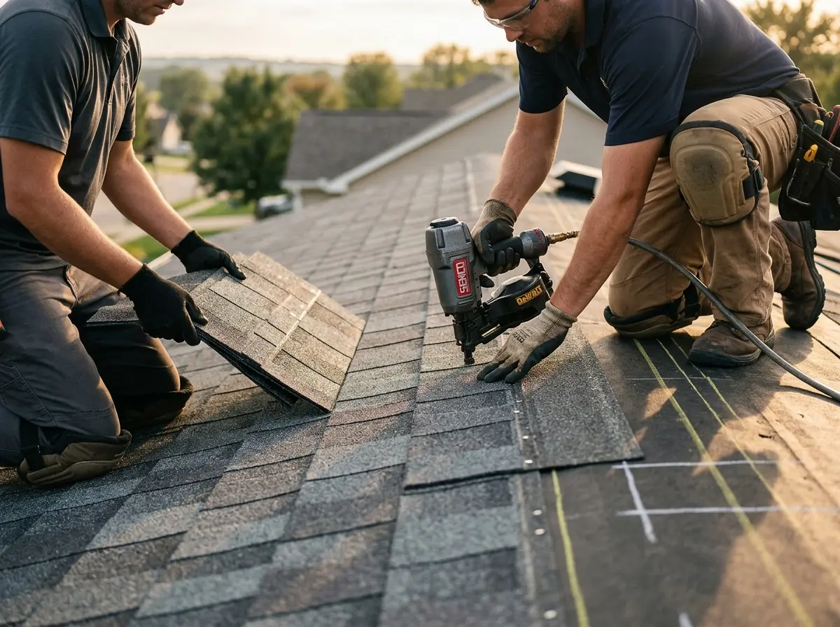 Professional roofer working on a residential roof in Grosse Pointe Park
